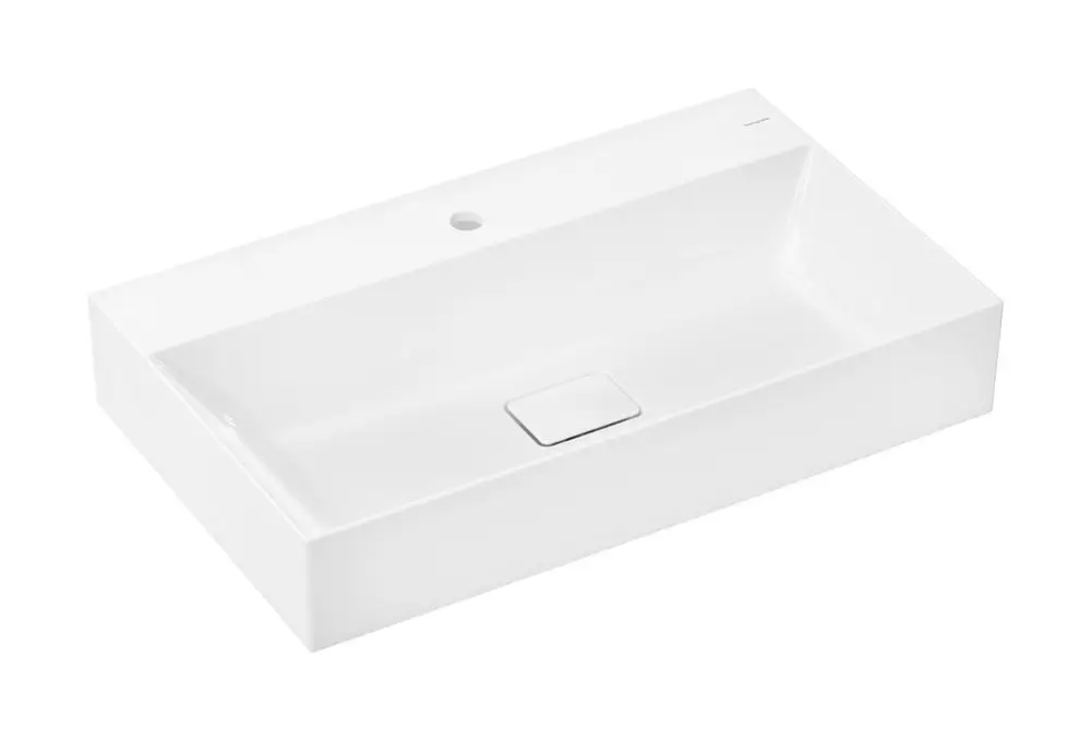 Helle, rechteckige Waschtischfläche in Weiß, mit einer klaren Kante und einem Hahnloch, ohne Überlauf, von Hansgrohe.